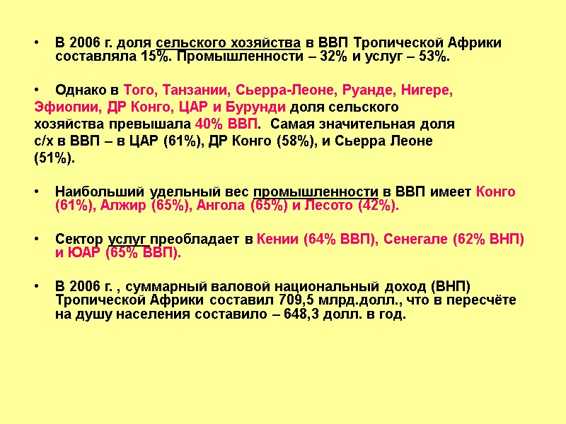 В 2006 г. доля сельского хозяйства в ВВП Тропической Африки составляла 15%. Промышленности –